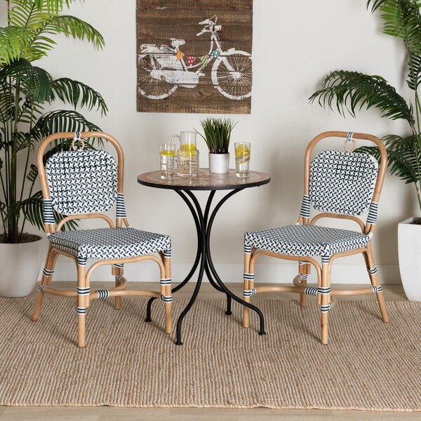 Baxton Studio Luciana Modern French Blue and White Weaving Natural Rattan Bistro Chair - 232-13252-ZORO