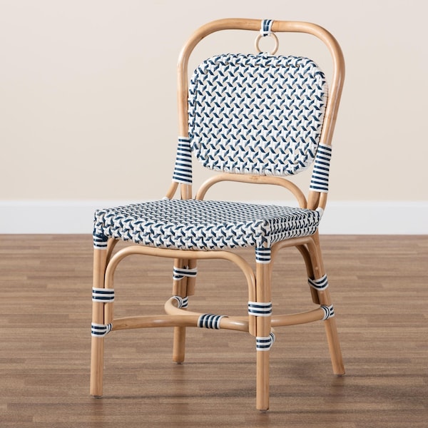 Baxton Studio Luciana Modern French Blue and White Weaving Natural Rattan Bistro Chair - 232-13252-ZORO