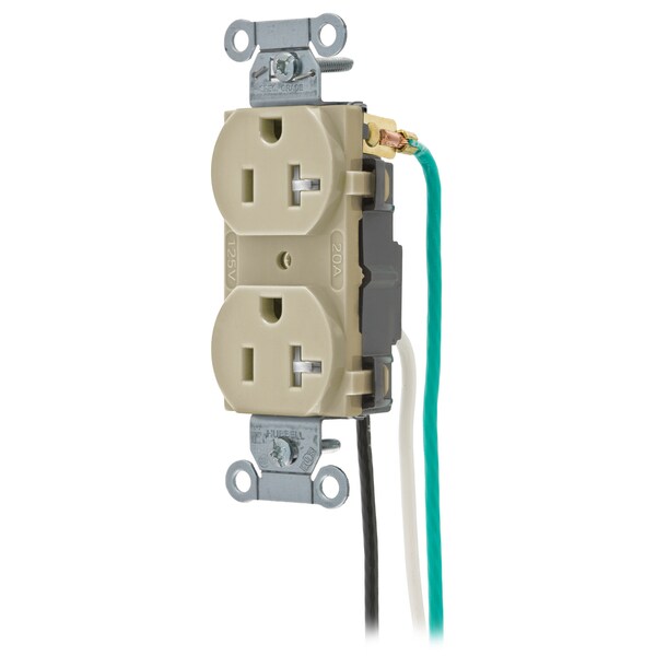 Hubbell Wiring Device-Kellems Straight Blade Devices, Receptacles, Duplex, Commercial Grade, 2-Pole 3-Wire Grounding, 20A 125V, 5-20R, Pre-Wired 8" Stranded Leads - CR20ITRP2