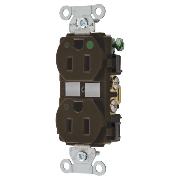 Hubbell Wiring Device-Kellems Straight Blade Devices, Duplex Receptacle, Hubbell-Pro, Hospital Grade, LED Indicator, 2-Pole 3-Wire Grounding, 15A 125V, 5-15R, Brown - 8200L