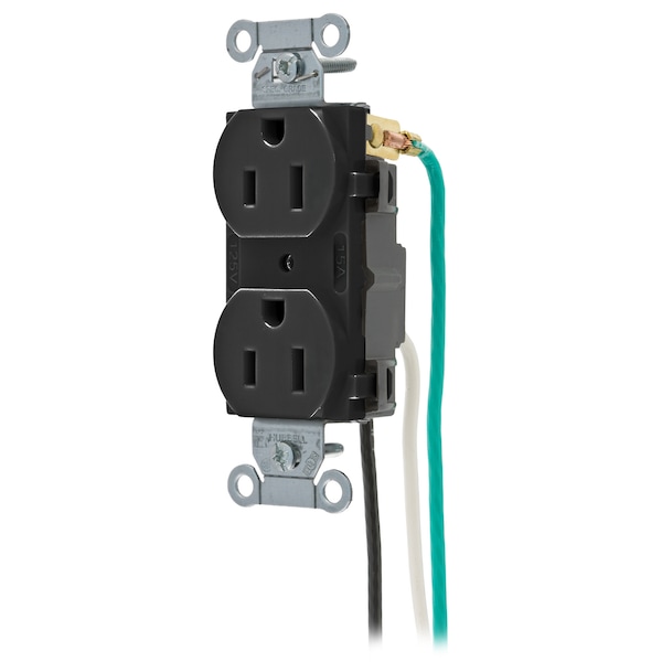 Hubbell Wiring Device-Kellems Straight Blade Devices, Receptacles, Duplex, Commercial Grade, 2-Pole 3-Wire Grounding, 15A 125V, 5-15R, Black, Single Pack, With 8" Solid Leads. - CR15BLKP1