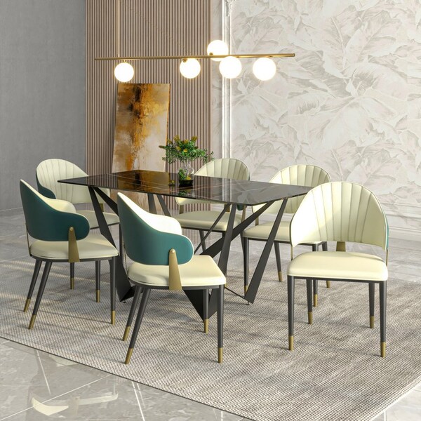 Leisuremod Aria Modern Dining Chair in Leather and Iron Legs with Curved Back in Green, 4PK - AC45G4