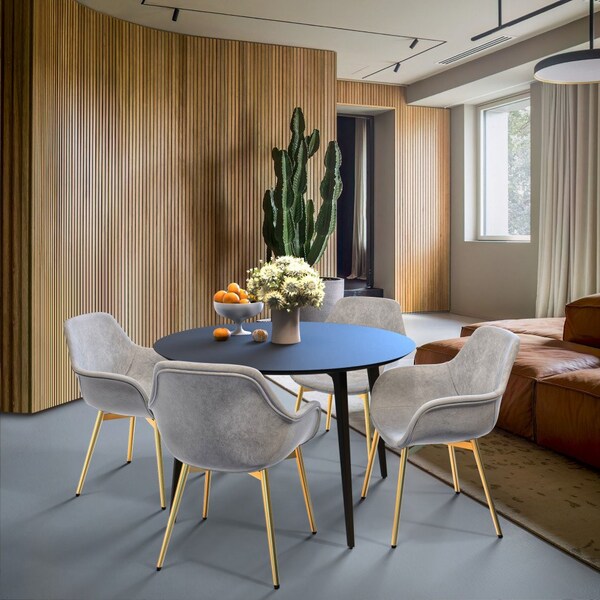 Leisuremod Markley Modern Leather Dining Arm Chair With Gold Metal Legs, Light Grey - ECG26LGR