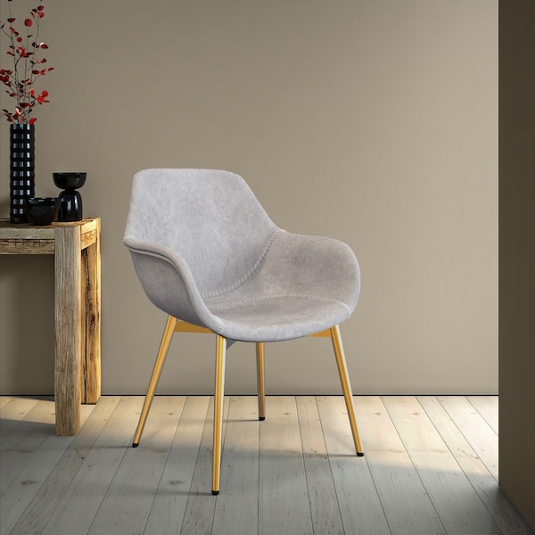 Leisuremod Markley Modern Leather Dining Arm Chair With Gold Metal Legs, Light Grey - ECG26LGR