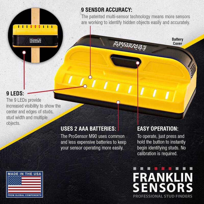 Franklin Sensors ProSensor M90 Full Width Center and Edge Stud Finder with 9-Sensors, Wood & Metal Stud Locator/Wall Scanner - FSM9002