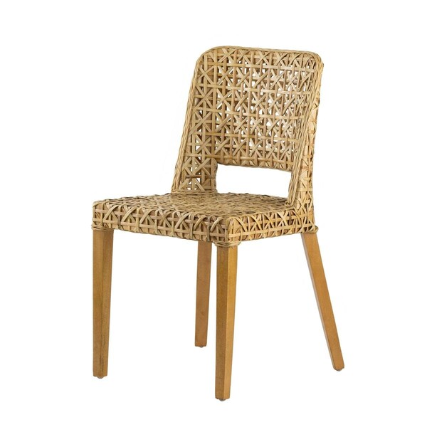 Benjara 21 in. Woven Rattan Backrest Wood Frame Dining Side Chair, Natural Brown - BM284782