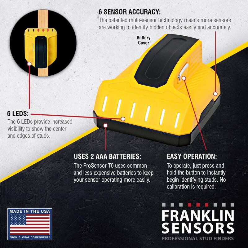 Franklin Sensors ProSensor T6 Center and Edge Stud Finder/Wood and Metal Stud Detector/Wall Scanner for Drywall - FST602