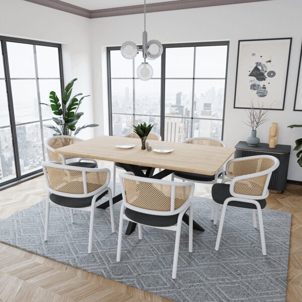 Leisuremod Ervilla Dining Chair with White Powder Coated Steel Legs and Wicker Back, Black - ECW-20BL