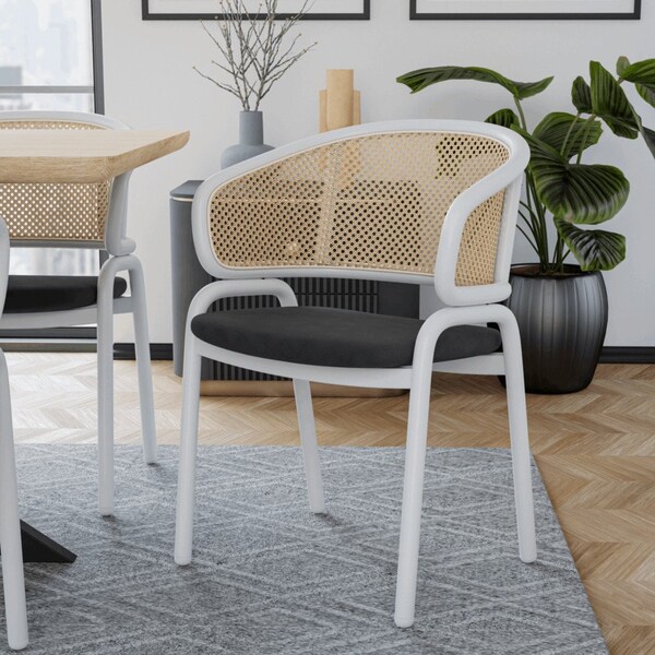 Leisuremod Ervilla Dining Chair with White Powder Coated Steel Legs and Wicker Back, Black - ECW-20BL