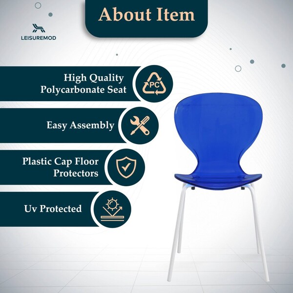 Leisuremod Modern Oyster Transparent Side Dining Side Chair with White Base in Transparent Blue - OCW-17TBU