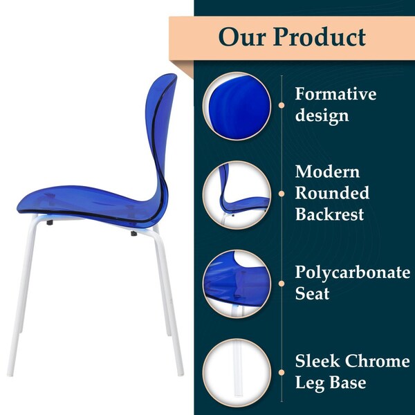 Leisuremod Modern Oyster Transparent Side Dining Side Chair with White Base in Transparent Blue - OCW-17TBU