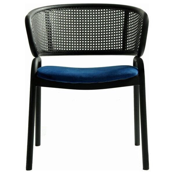 Leisuremod Ervilla Dining Armchair in Black Steel Frame with Black Wicker Back and Navy Blue Seat - ECBL-20BL-NBU