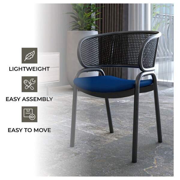 Leisuremod Ervilla Dining Armchair in Black Steel Frame with Black Wicker Back and Navy Blue Seat - ECBL-20BL-NBU