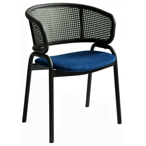Leisuremod Ervilla Dining Armchair in Black Steel Frame with Black Wicker Back and Navy Blue Seat - ECBL-20BL-NBU