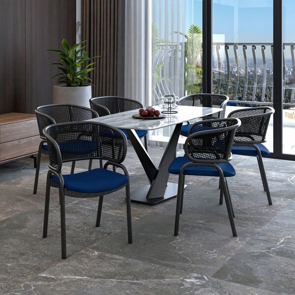 Leisuremod Ervilla Dining Armchair in Black Steel Frame with Black Wicker Back and Navy Blue Seat - ECBL-20BL-NBU