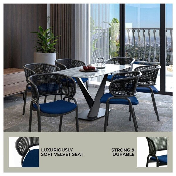 Leisuremod Ervilla Dining Armchair in Black Steel Frame with Black Wicker Back and Navy Blue Seat - ECBL-20BL-NBU