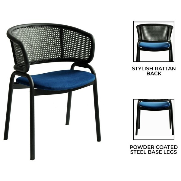 Leisuremod Ervilla Dining Armchair in Black Steel Frame with Black Wicker Back and Navy Blue Seat - ECBL-20BL-NBU