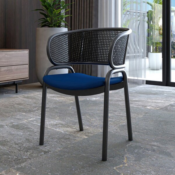 Leisuremod Ervilla Dining Armchair in Black Steel Frame with Black Wicker Back and Navy Blue Seat - ECBL-20BL-NBU