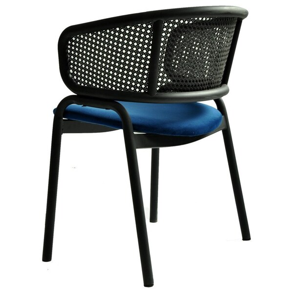 Leisuremod Ervilla Dining Armchair in Black Steel Frame with Black Wicker Back and Navy Blue Seat - ECBL-20BL-NBU