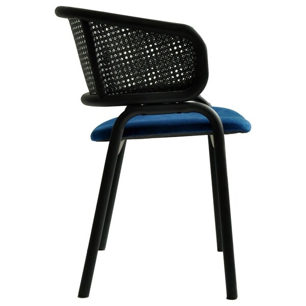 Leisuremod Ervilla Dining Armchair in Black Steel Frame with Black Wicker Back and Navy Blue Seat - ECBL-20BL-NBU