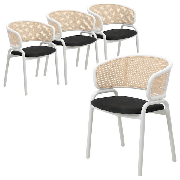 Leisuremod Ervilla Dining Chair with White Powder Coated Steel Legs and Wicker Back, Black, 4PK - ECW-20BL4