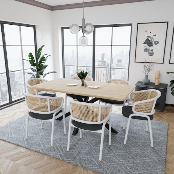 Leisuremod Ervilla Dining Chair with White Powder Coated Steel Legs and Wicker Back, Black, 4PK - ECW-20BL4