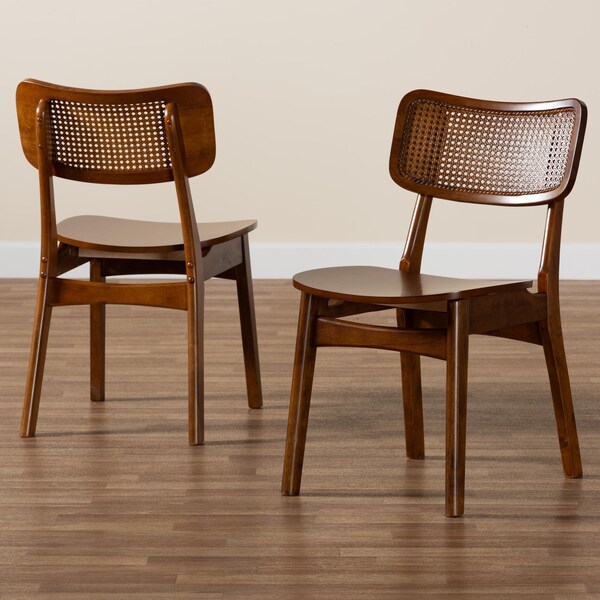 Baxton Studio Tafari Mid-Century Modern Walnut Brown Finished Wood and Rattan 2-Piece Dining Chair Set, PR - 239-2PC-13414-ZORO