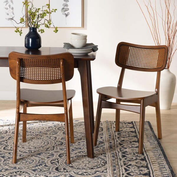 Baxton Studio Tafari Mid-Century Modern Walnut Brown Finished Wood and Rattan 2-Piece Dining Chair Set, PR - 239-2PC-13414-ZORO