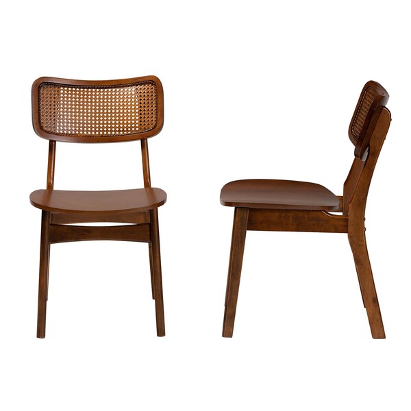 Baxton Studio Tafari Mid-Century Modern Walnut Brown Finished Wood and Rattan 2-Piece Dining Chair Set, PR - 239-2PC-13414-ZORO