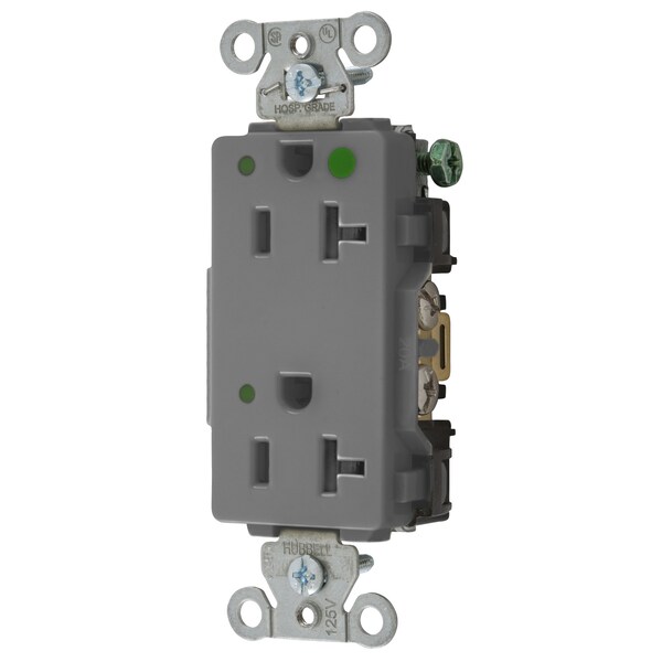 Hubbell Wiring Device-Kellems Straight Blade Devices, Decorator Duplex Receptacle, Hospital Grade, Hubbell-Pro, LED Indicator, 20A 125V, 2- Pole3-Wire Grounding, 5-20R, Gray - 2182GYL