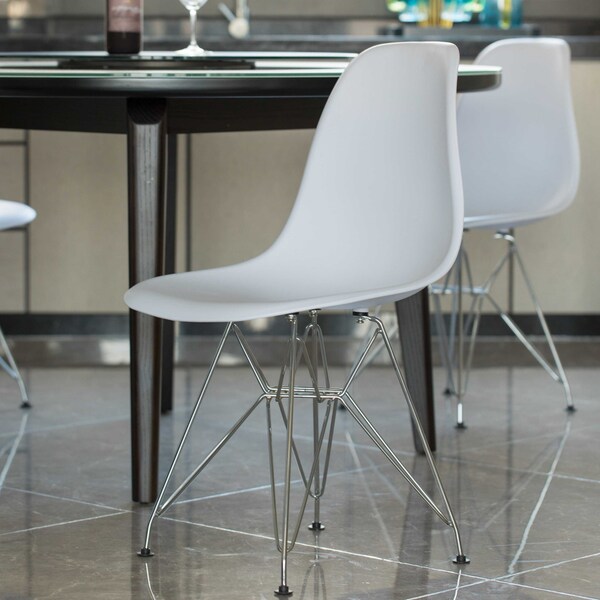 Fabulaxe Mid-Century Modern Style Plastic DSW Shell Dining Chair with Metal Legs, White - QI003947.WT
