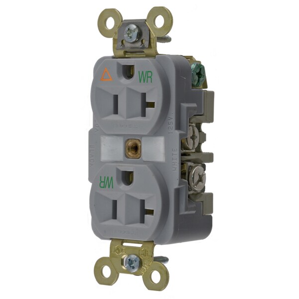 Hubbell Wiring Device-Kellems Straight Blade Devices, Receptacles, Weather Resistant Duplex, Commercial/Industrial Grade, Isolated Ground, 20A 125V, 2-Pole 3-Wire Grounding, 5-20R - IG5362GYWR