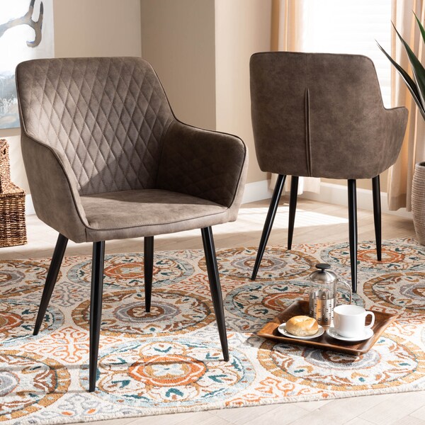 Baxton Studio Belen Grey and Brown Upholstered 2-Piece Metal Dining Chair Set - 160-9913