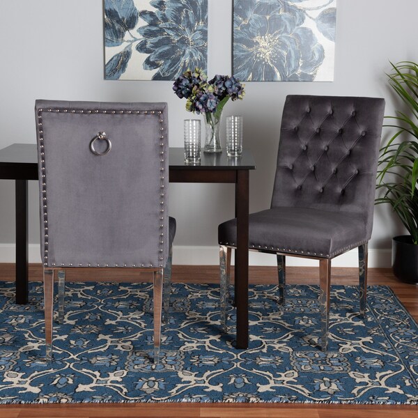 Baxton Studio Caspera Contemporary Glam and Luxe Grey Velvet Fabric and Silver Metal 2Piece Dining Chair Set - 221-2PC-12906-ZORO