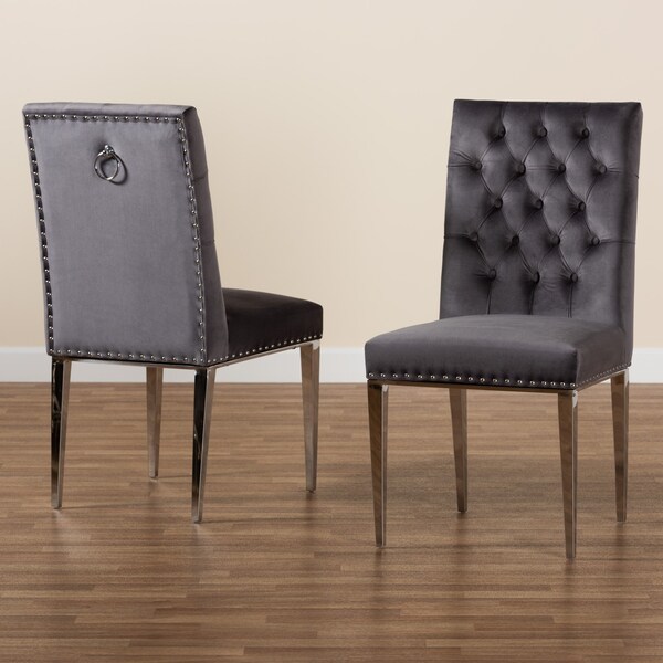 Baxton Studio Caspera Contemporary Glam and Luxe Grey Velvet Fabric and Silver Metal 2Piece Dining Chair Set - 221-2PC-12906-ZORO