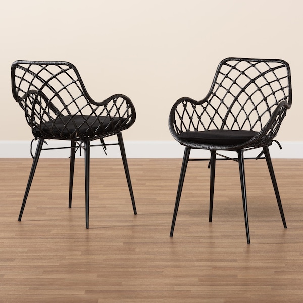 Baxton Studio Ballerina Modern Bohemian Black Finished Rattan and Metal 2-Piece Dining Chair Set, PR - 231-2PC-12823-ZORO