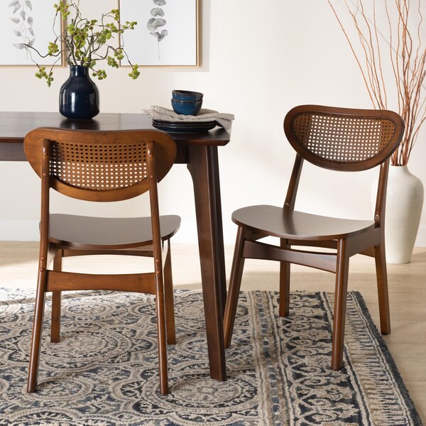 Baxton Studio Hesper Mid-Century Modern Walnut Brown Finished Wood and Rattan 2-Piece Dining Chair Set, PR - 239-2PC-13411-ZORO