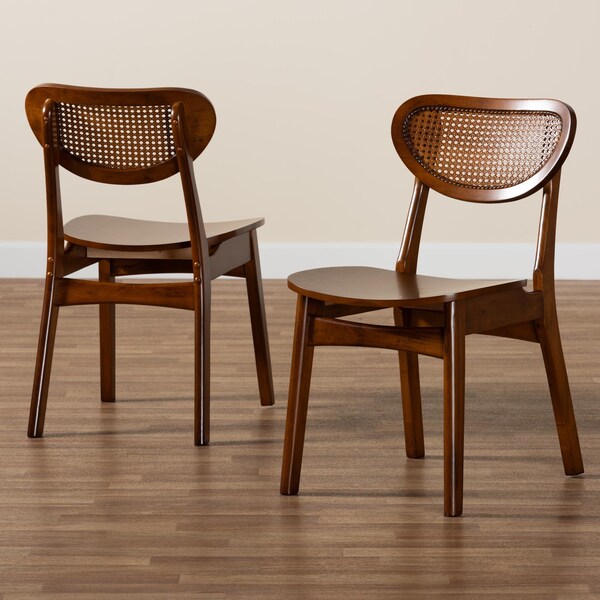 Baxton Studio Hesper Mid-Century Modern Walnut Brown Finished Wood and Rattan 2-Piece Dining Chair Set, PR - 239-2PC-13411-ZORO