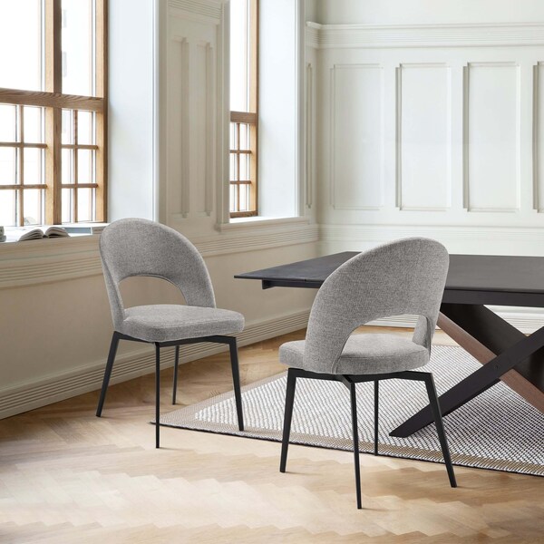 Armen Living Lucia Swivel Upholstered Dining Chair in Gray Fabric with Black Metal Legs - Set of 2 - LCLUSIGRYBLK