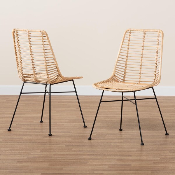 Baxton Studio Manhattan Modern Bohemian Natural Brown Rattan and Black Metal 2-Piece Dining Chair Set, PR - 231-2PC-12818-ZORO