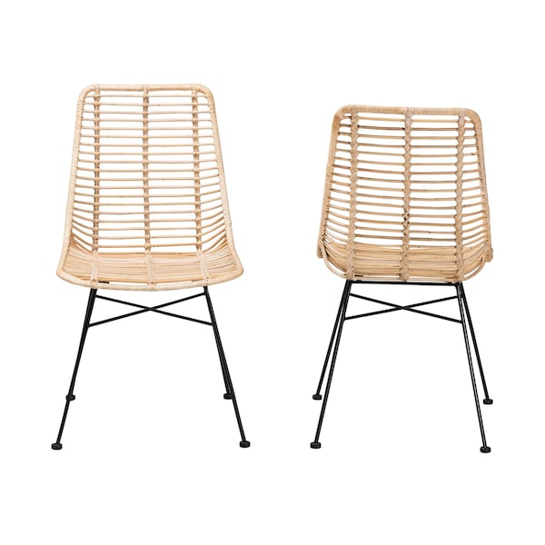 Baxton Studio Manhattan Modern Bohemian Natural Brown Rattan and Black Metal 2-Piece Dining Chair Set, PR - 231-2PC-12818-ZORO