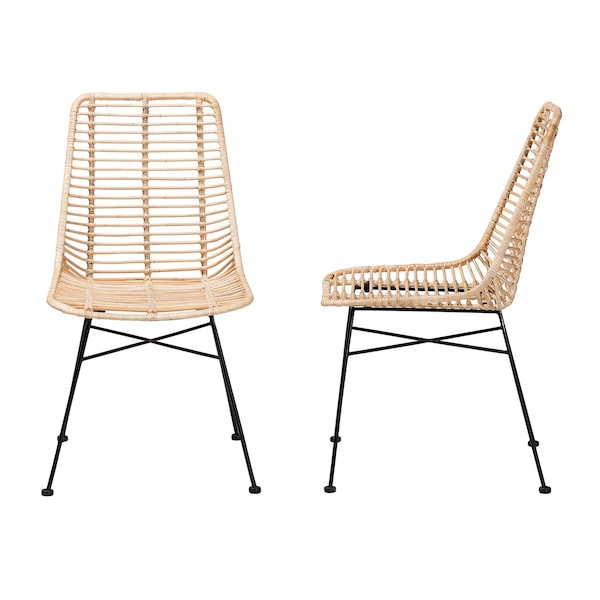 Baxton Studio Manhattan Modern Bohemian Natural Brown Rattan and Black Metal 2-Piece Dining Chair Set, PR - 231-2PC-12818-ZORO
