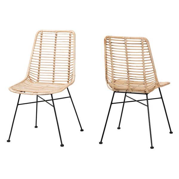 Baxton Studio Manhattan Modern Bohemian Natural Brown Rattan and Black Metal 2-Piece Dining Chair Set, PR - 231-2PC-12818-ZORO