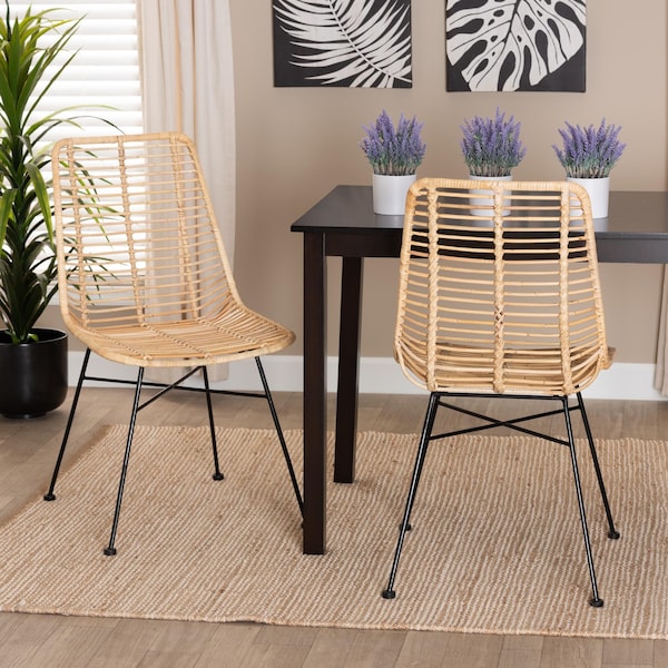 Baxton Studio Manhattan Modern Bohemian Natural Brown Rattan and Black Metal 2-Piece Dining Chair Set, PR - 231-2PC-12818-ZORO