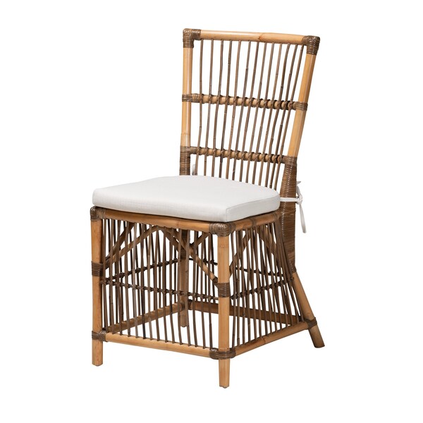 Baxton Studio Kim Modern Bohemian White Fabric and Natural Brown Rattan Dining Chair - 224-12835-ZORO