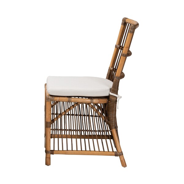 Baxton Studio Kim Modern Bohemian White Fabric and Natural Brown Rattan Dining Chair - 224-12835-ZORO