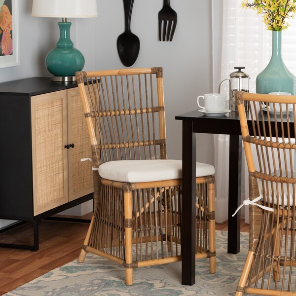 Baxton Studio Kim Modern Bohemian White Fabric and Natural Brown Rattan Dining Chair - 224-12835-ZORO