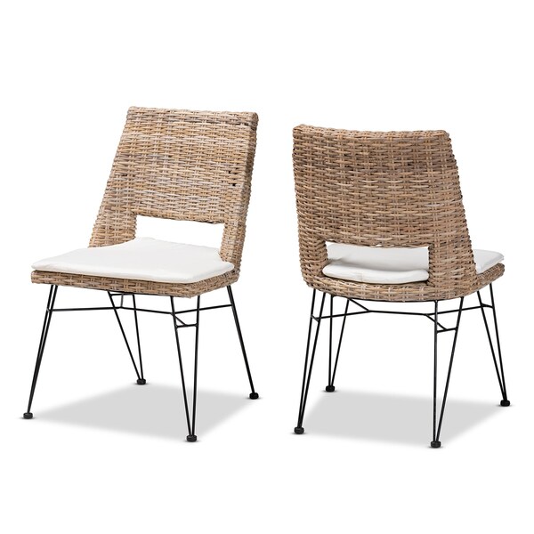 Baxton Studio Nafaro Modern Bohemian Greywashed Natural Rattan Metal Dining Chair with Cushion 2Piece Set, PR - 214-2PC-12798-ZORO
