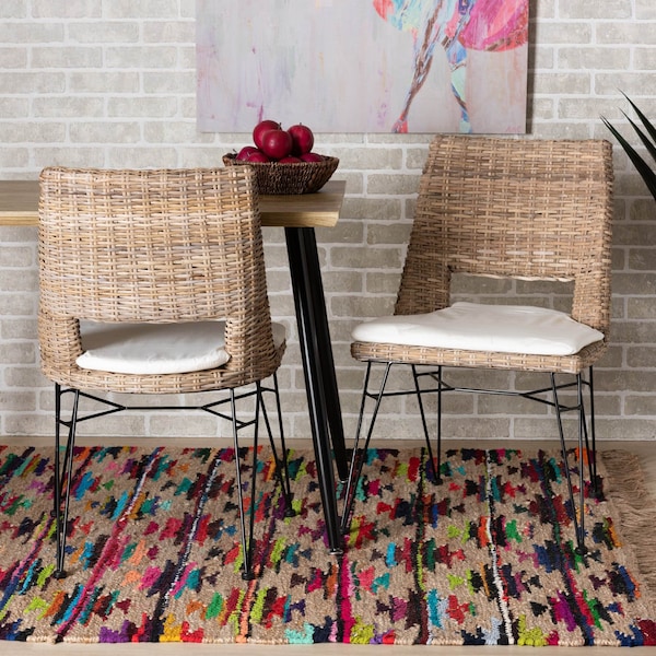 Baxton Studio Nafaro Modern Bohemian Greywashed Natural Rattan Metal Dining Chair with Cushion 2Piece Set, PR - 214-2PC-12798-ZORO