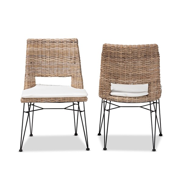 Baxton Studio Nafaro Modern Bohemian Greywashed Natural Rattan Metal Dining Chair with Cushion 2Piece Set, PR - 214-2PC-12798-ZORO